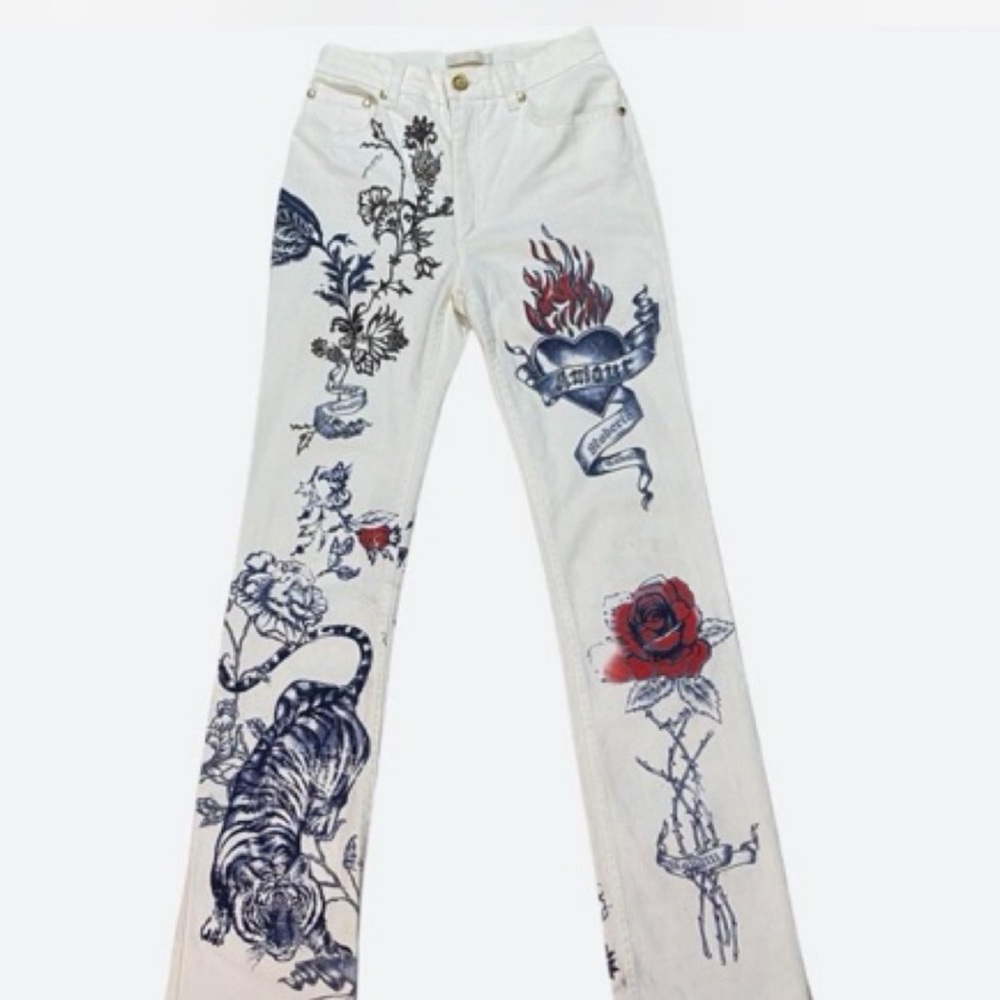 Roberto Cavalli White Jeans with Blue and Red Graphic Prints